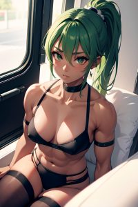 anime,muscular,small tits,60s age,seductive face,green hair,ponytail hair style,dark skin,black and white,train,close-up view,plank,stockings