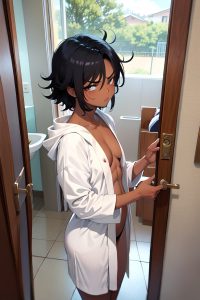 anime,muscular,small tits,18 age,angry face,ginger,messy hair style,dark skin,crisp anime,shower,side view,sleeping,bathrobe