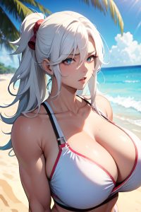 anime,muscular,huge boobs,30s age,shocked face,white hair,messy hair style,light skin,soft anime,beach,front view,working out,bra