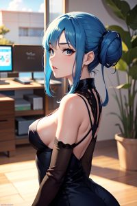 anime,busty,small tits,30s age,serious face,blue hair,hair bun hair style,light skin,warm anime,cave,side view,gaming,goth