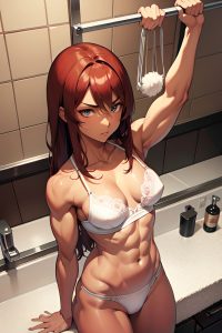 anime,muscular,small tits,40s age,serious face,ginger,straight hair style,dark skin,skin detail (beta),prison,front view,massage,lingerie