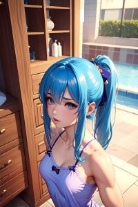 anime,muscular,small tits,60s age,orgasm face,blue hair,ponytail hair style,light skin,3d,changing room,side view,bathing,pajamas