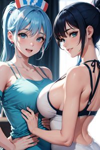 anime,skinny,huge boobs,20s age,laughing face,blue hair,ponytail hair style,light skin,charcoal,hospital,close-up view,yoga,nurse