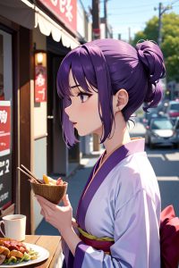 anime,skinny,small tits,40s age,shocked face,purple hair,pixie hair style,light skin,soft anime,restaurant,side view,eating,kimono
