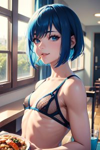 anime,muscular,small tits,30s age,happy face,blue hair,bobcut hair style,light skin,film photo,party,side view,eating,fishnet