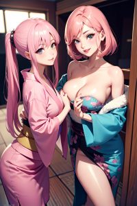 anime,skinny,small tits,30s age,happy face,pink hair,straight hair style,light skin,cyberpunk,changing room,close-up view,yoga,kimono