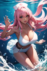 anime,skinny,huge boobs,50s age,seductive face,pink hair,straight hair style,dark skin,painting,underwater,side view,t-pose,nurse