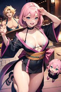 anime,muscular,small tits,80s age,laughing face,pink hair,slicked hair style,dark skin,charcoal,oasis,front view,jumping,kimono