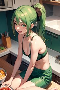 anime,skinny,small tits,40s age,laughing face,green hair,ponytail hair style,dark skin,watercolor,kitchen,close-up view,spreading legs,bra