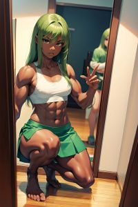 anime,muscular,small tits,70s age,serious face,green hair,straight hair style,dark skin,mirror selfie,hospital,side view,squatting,mini skirt