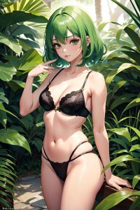 anime,busty,small tits,70s age,pouting lips face,green hair,pixie hair style,dark skin,warm anime,jungle,side view,t-pose,bra