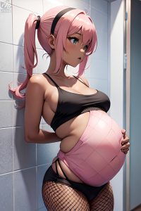 anime,pregnant,small tits,60s age,shocked face,pink hair,pigtails hair style,dark skin,charcoal,shower,back view,yoga,fishnet