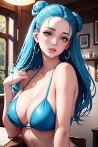 anime,chubby,small tits,40s age,ahegao face,blue hair,slicked hair style,dark skin,watercolor,couch,front view,yoga,partially nude