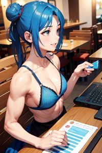 anime,muscular,small tits,40s age,happy face,blue hair,hair bun hair style,light skin,soft + warm,restaurant,side view,gaming,fishnet