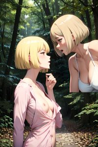 anime,skinny,small tits,70s age,ahegao face,blonde,bobcut hair style,light skin,soft + warm,forest,side view,cumshot,pajamas