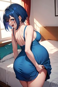anime,pregnant,small tits,18 age,laughing face,blue hair,pixie hair style,dark skin,skin detail (beta),bedroom,back view,eating,schoolgirl