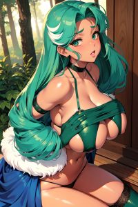 anime,skinny,huge boobs,80s age,shocked face,green hair,pixie hair style,dark skin,vintage,forest,front view,massage,stockings
