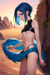 anime,skinny,small tits,30s age,seductive face,blue hair,pixie hair style,light skin,illustration,desert,side view,working out,goth