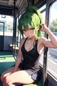 anime,muscular,small tits,18 age,serious face,green hair,ponytail hair style,dark skin,comic,bus,front view,yoga,schoolgirl