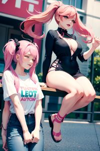 anime,busty,small tits,18 age,ahegao face,pink hair,pigtails hair style,light skin,painting,party,side view,jumping,goth