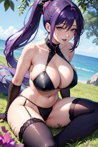 anime,skinny,huge boobs,30s age,orgasm face,purple hair,ponytail hair style,dark skin,watercolor,meadow,side view,spreading legs,stockings