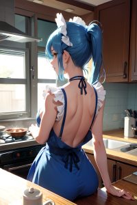 anime,busty,small tits,40s age,serious face,blue hair,messy hair style,light skin,warm anime,prison,back view,cooking,maid