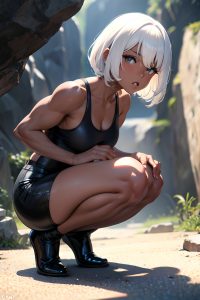 anime,muscular,small tits,50s age,shocked face,white hair,bangs hair style,dark skin,charcoal,cave,side view,squatting,latex