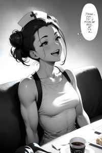 anime,muscular,small tits,50s age,laughing face,ginger,hair bun hair style,light skin,black and white,couch,side view,eating,nurse