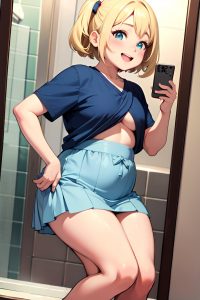 anime,chubby,small tits,20s age,happy face,blonde,pixie hair style,light skin,mirror selfie,shower,front view,cumshot,mini skirt