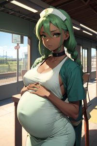 anime,pregnant,small tits,50s age,serious face,green hair,braided hair style,dark skin,charcoal,train,front view,t-pose,nurse