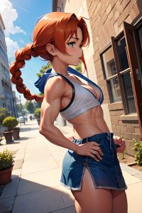 anime,muscular,small tits,20s age,shocked face,ginger,braided hair style,light skin,skin detail (beta),oasis,side view,gaming,mini skirt