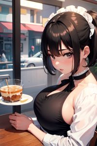 anime,chubby,small tits,70s age,serious face,black hair,pixie hair style,dark skin,soft anime,cafe,close-up view,yoga,maid