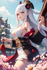 anime,busty,small tits,18 age,angry face,white hair,bangs hair style,dark skin,vintage,meadow,side view,jumping,geisha