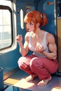 anime,muscular,small tits,50s age,shocked face,ginger,bangs hair style,light skin,warm anime,train,side view,squatting,pajamas