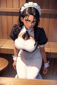 anime,skinny,huge boobs,18 age,angry face,black hair,braided hair style,dark skin,watercolor,sauna,close-up view,bending over,maid