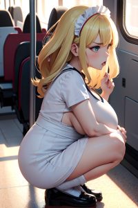 anime,pregnant,huge boobs,40s age,angry face,blonde,bangs hair style,light skin,3d,bus,side view,squatting,maid