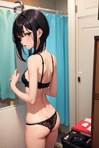 anime,skinny,small tits,18 age,shocked face,black hair,pixie hair style,light skin,watercolor,changing room,back view,gaming,lingerie