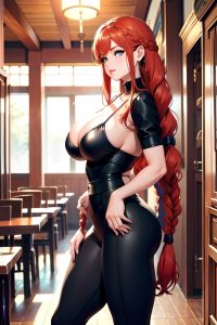 anime,skinny,huge boobs,18 age,pouting lips face,ginger,braided hair style,light skin,vintage,restaurant,side view,massage,goth