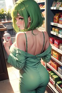 anime,skinny,huge boobs,50s age,pouting lips face,green hair,bangs hair style,light skin,vintage,grocery,back view,bathing,pajamas