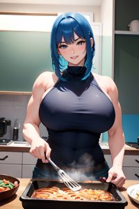 anime,muscular,huge boobs,18 age,happy face,blue hair,bangs hair style,light skin,watercolor,stage,front view,cooking,teacher
