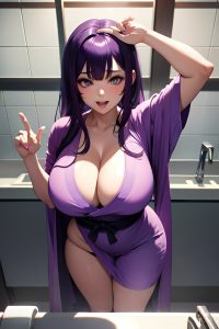 anime,chubby,huge boobs,20s age,orgasm face,purple hair,bangs hair style,dark skin,cyberpunk,prison,close-up view,bathing,bathrobe
