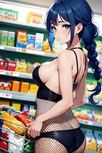 anime,chubby,small tits,18 age,sad face,blue hair,braided hair style,light skin,dark fantasy,grocery,side view,on back,fishnet