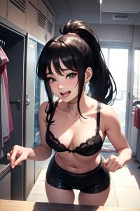 anime,busty,small tits,60s age,laughing face,black hair,ponytail hair style,light skin,cyberpunk,changing room,front view,bathing,bra