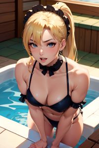 anime,muscular,small tits,60s age,seductive face,blonde,ponytail hair style,light skin,comic,hot tub,close-up view,bending over,maid