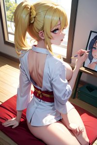 anime,skinny,small tits,60s age,ahegao face,blonde,pigtails hair style,light skin,painting,office,back view,massage,kimono