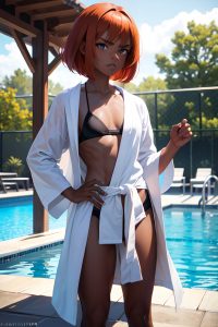 anime,muscular,small tits,20s age,angry face,ginger,bobcut hair style,dark skin,film photo,pool,front view,t-pose,bathrobe