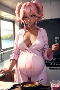 anime,pregnant,small tits,70s age,angry face,pink hair,messy hair style,dark skin,soft + warm,yacht,front view,cooking,bathrobe