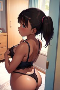anime,chubby,small tits,40s age,shocked face,brunette,pigtails hair style,dark skin,watercolor,bedroom,back view,t-pose,lingerie