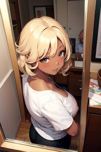 anime,chubby,small tits,40s age,happy face,blonde,messy hair style,dark skin,mirror selfie,oasis,side view,on back,teacher