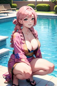 anime,chubby,small tits,40s age,happy face,pink hair,braided hair style,dark skin,skin detail (beta),pool,front view,squatting,kimono